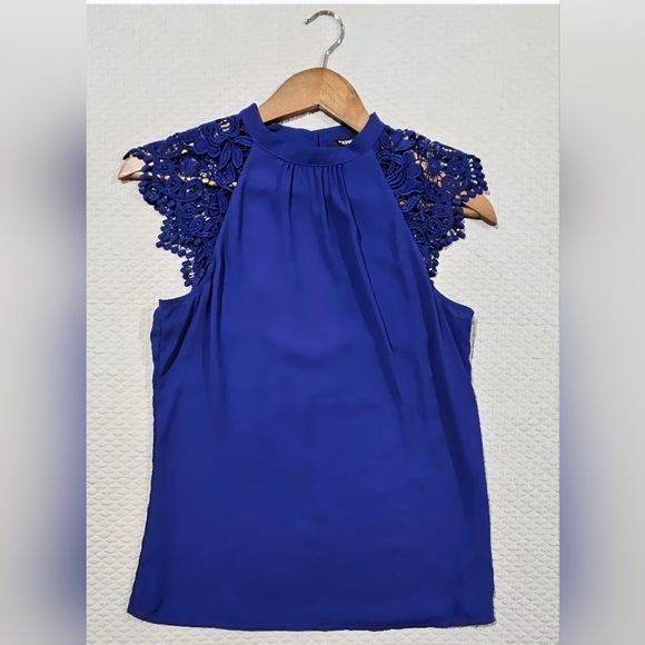 Express Vibrant Royql Blue Blouse with Lace Cap Sleeves Size SP - Picture 1 of 6